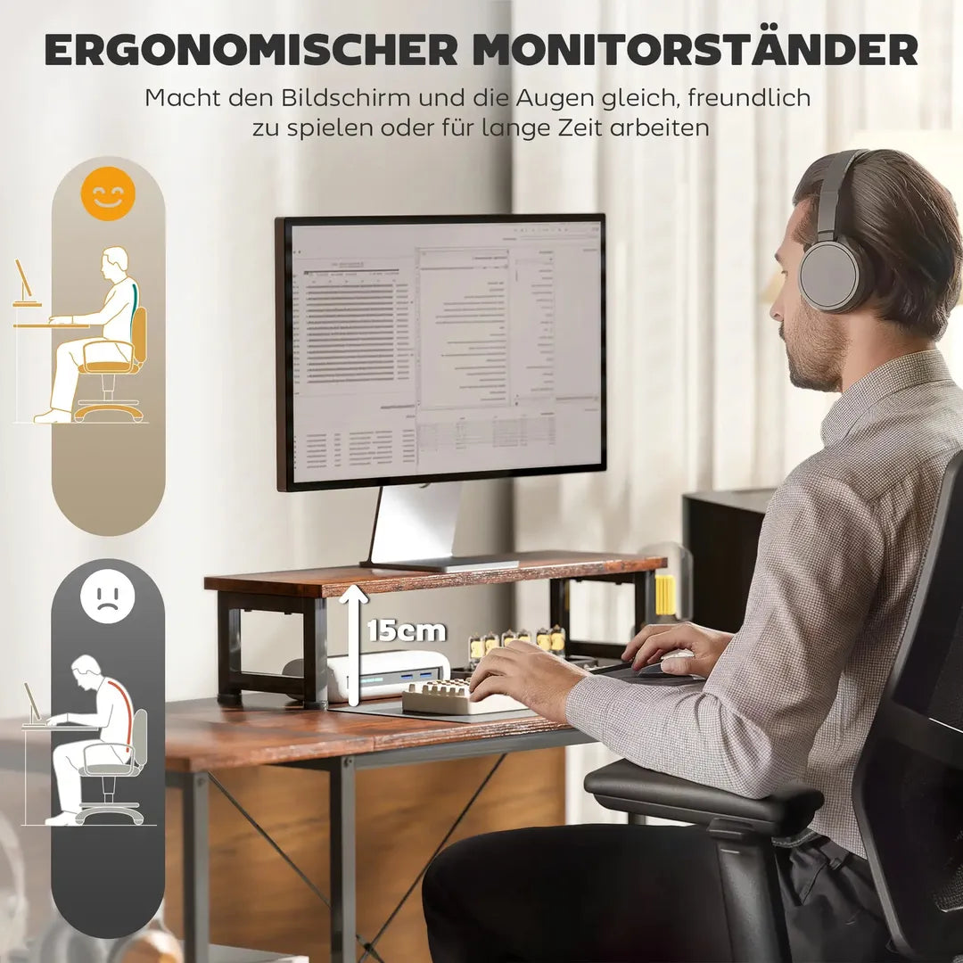L-vormig bureau met verstelbare legplanken en monitorstand – hoekbureau met opbergtas, bruin