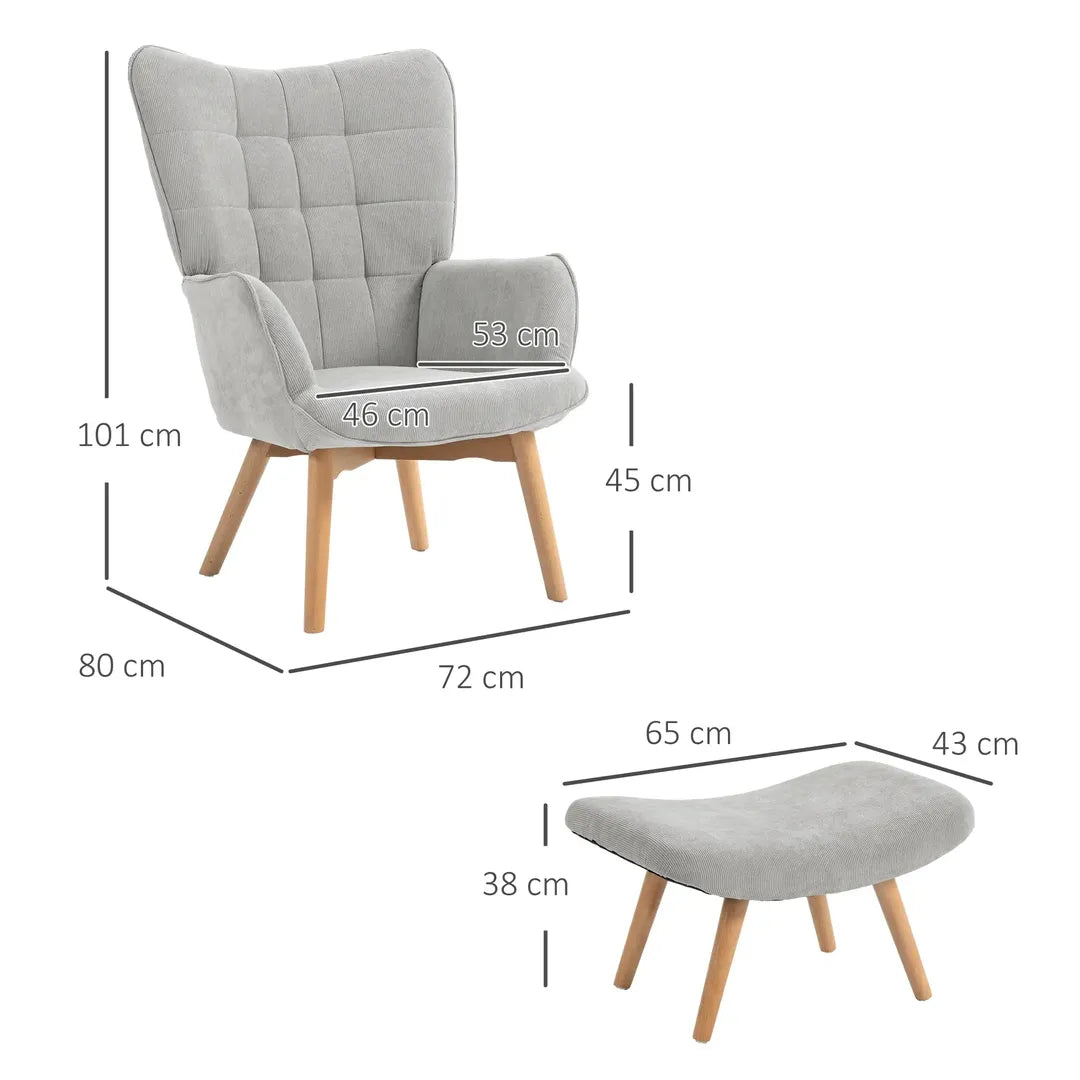 Fauteuil met Hocker – Relaxstoel in Cordstof met Armleuningen en Houten Poten, Grijs, voor Woonkamer