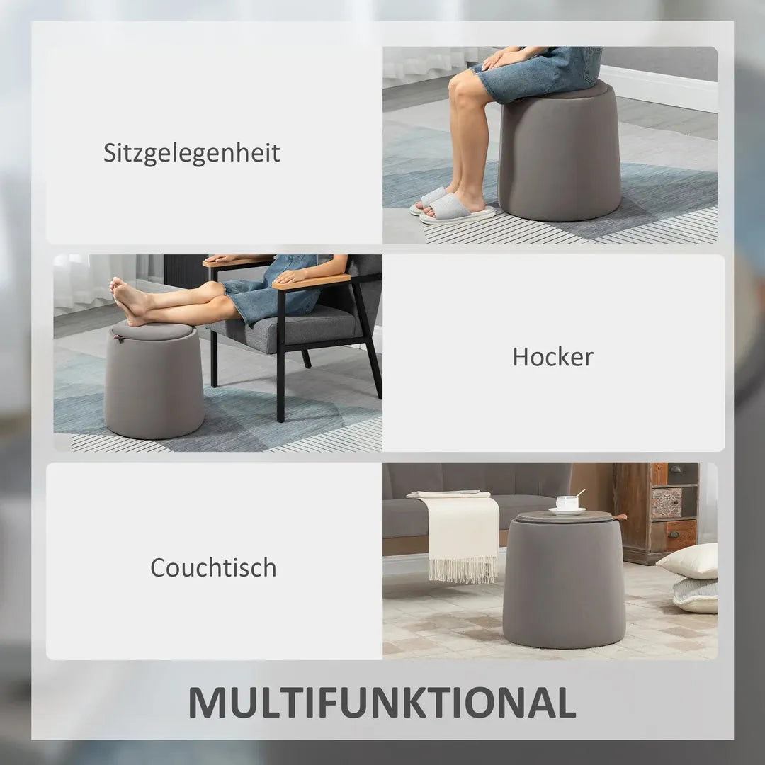 Poef – Moderne Voetenbank – Donkergrijs met Bruin – Stoffen Bekleding en Houten Poten