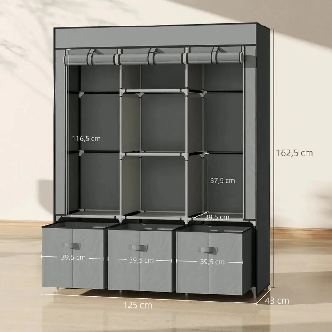 Kledingkast van stof met lades – Opvouwbaar opbergkast met 3 schuiflades – Zwart – 125x43x162,5 cm