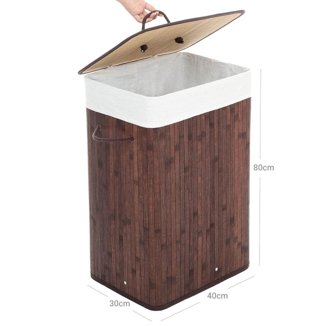 Bamboe Wasmand van 72 L – Wasbox met Deksel en Uitneembare Stoffen Waszak, 40 × 30 × 60 cm