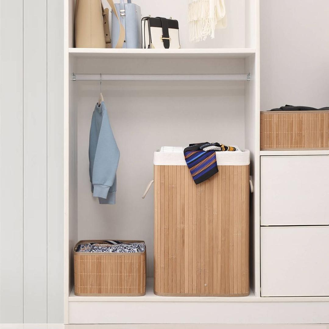 Bamboe Wasmand van 72 L – Wasbox met Deksel en Uitneembare Stoffen Waszak, 40 × 30 × 60 cm