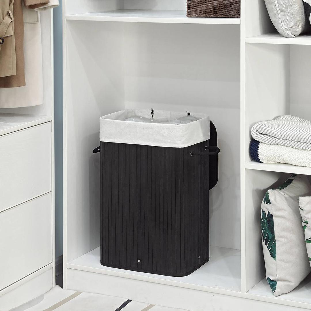 Bamboe Wasmand van 72 L – Wasbox met Deksel en Uitneembare Stoffen Waszak, 40 × 30 × 60 cm