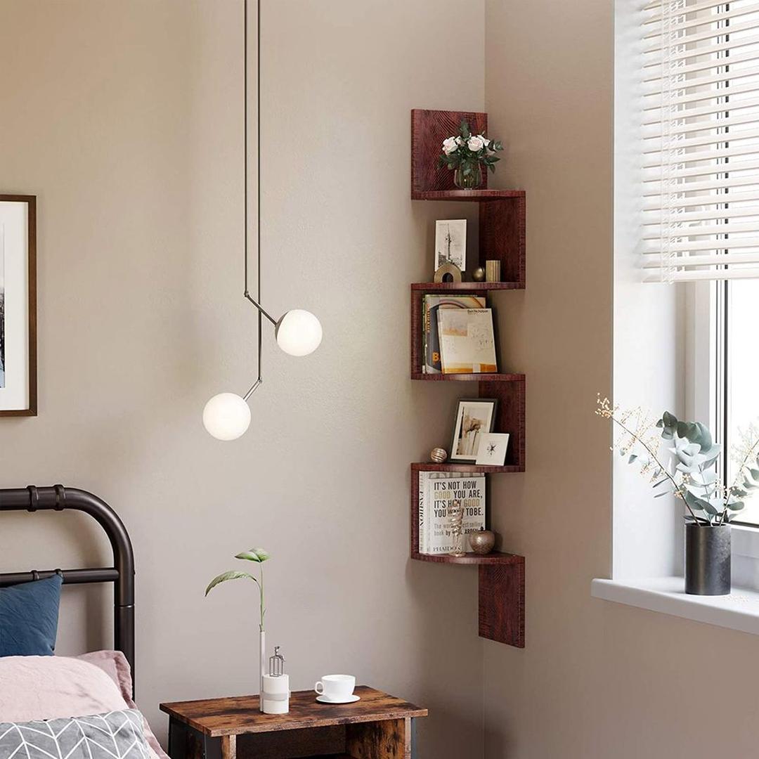 Zwevend Hoekwandrek in Houtlook – Ruimtebesparende Wandplank voor Woonkamer, Keuken of Slaapkamer