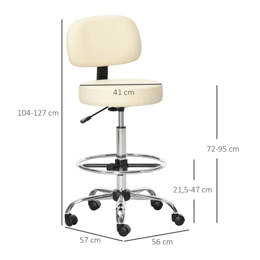 Barstoel met 360° Draai – Hoogteverstelbaar, Met Wielen en Rugleuning van Kunstleer, Beige, 56 x 57 x 104-127 cm