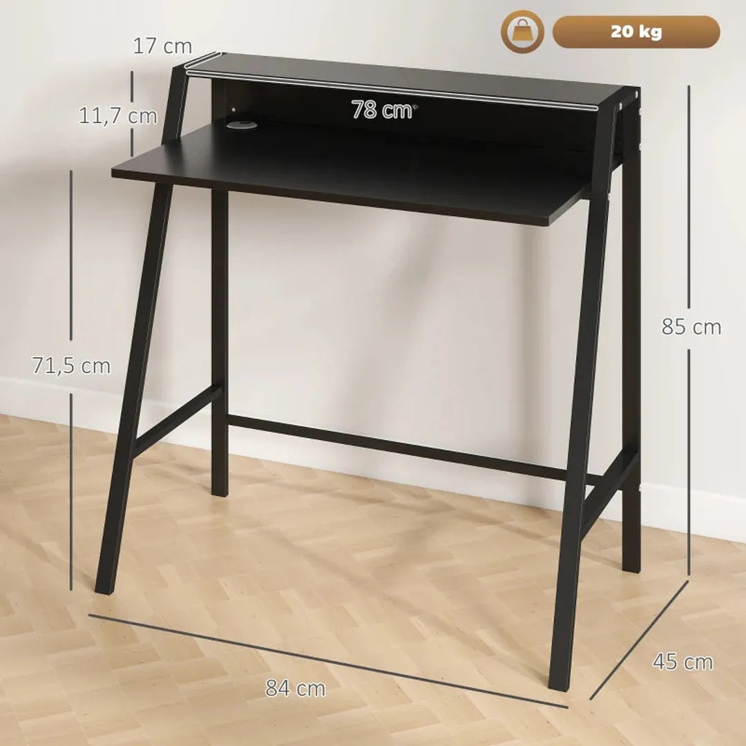 Bureau wit/eiken – computertafel met opbergvak en kabelmanagement, compact bureau met metalen frame 84x45x85 cm