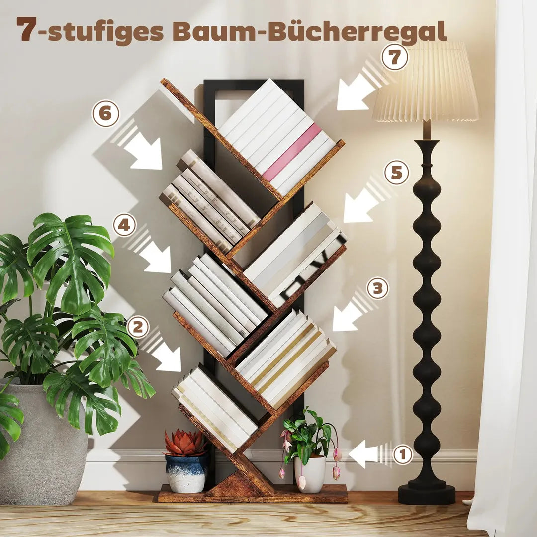 Boekenkast in boomvorm met 7 niveaus – smal staand boekenrek met stalen frame, rustiek bruin