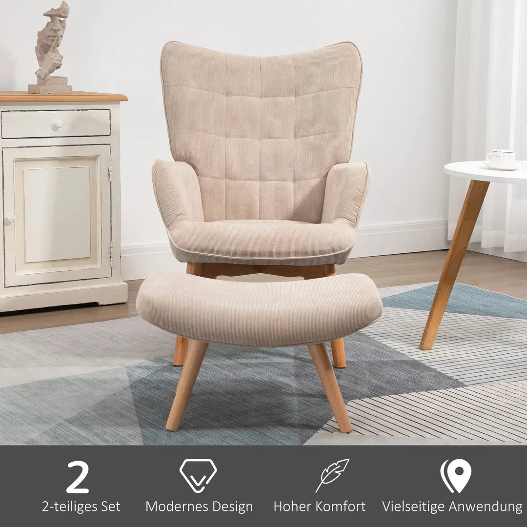 Fauteuil met Hocker – Relaxstoel in Cordstof met Armleuningen en Houten Poten, Grijs, voor Woonkamer