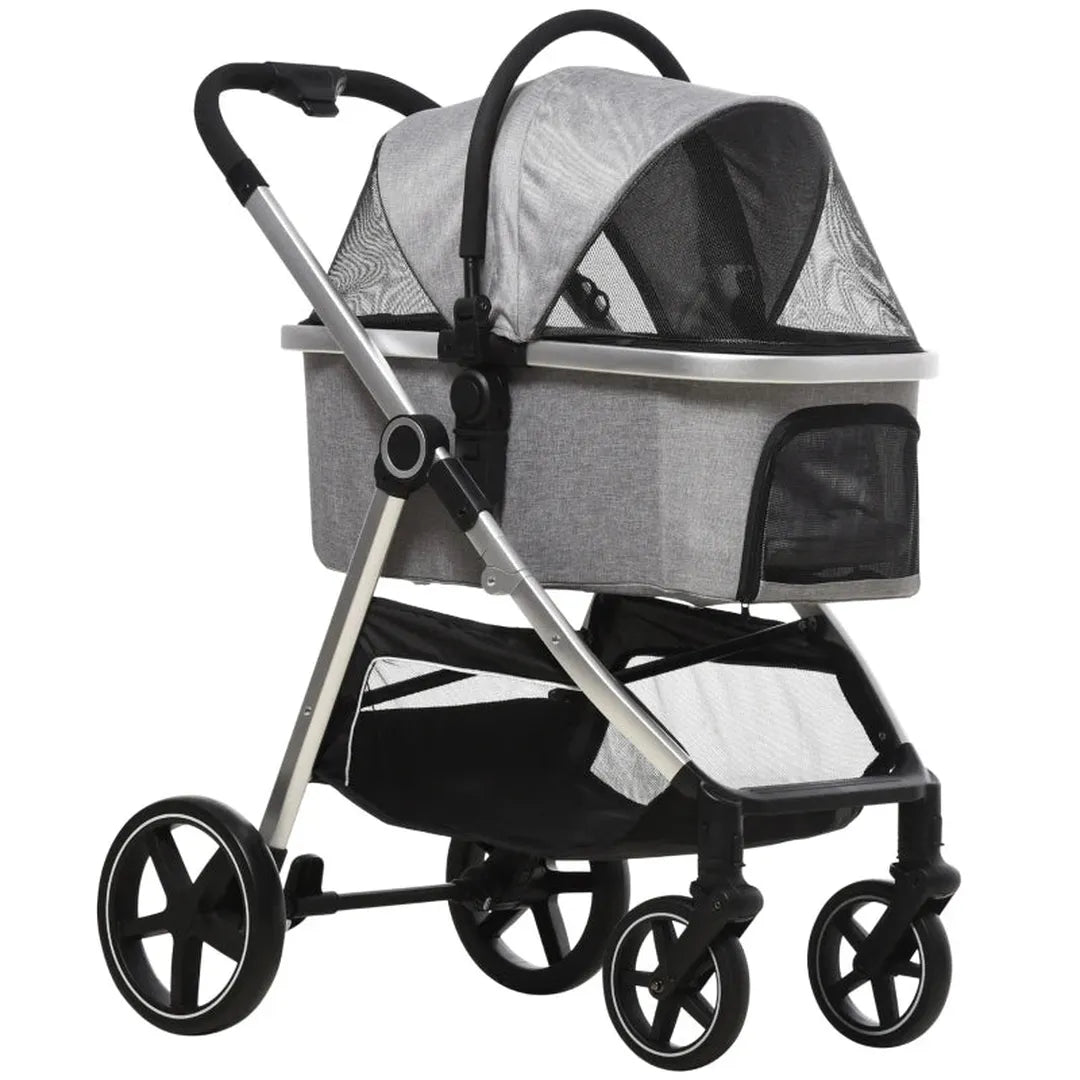 Dierenwagen voor hond en kat – inklapbare buggy met 3 wielen – oxford stof – grijs/zwart – 109,5 x 57,5 x 106,5 cm