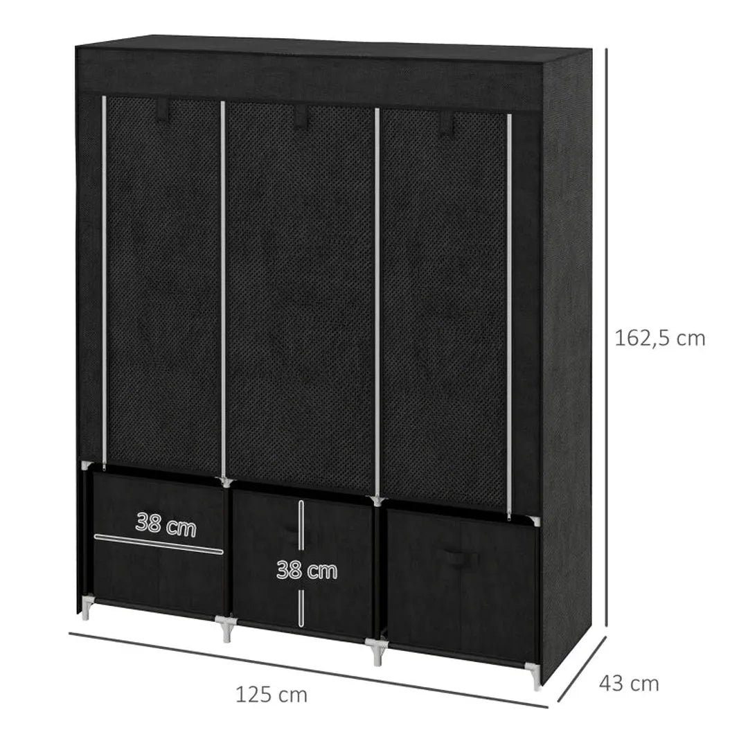 Kledingkast van stof met lades – Opvouwbaar opbergkast met 3 schuiflades – Zwart – 125x43x162,5 cm