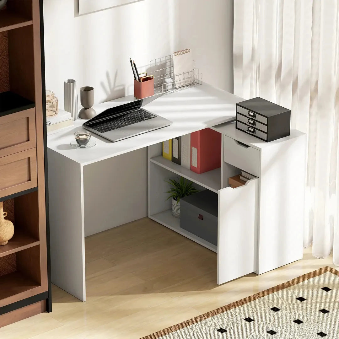 Flexibel bureau met kast en lade – hoekbureau met open vakken, hout, wit