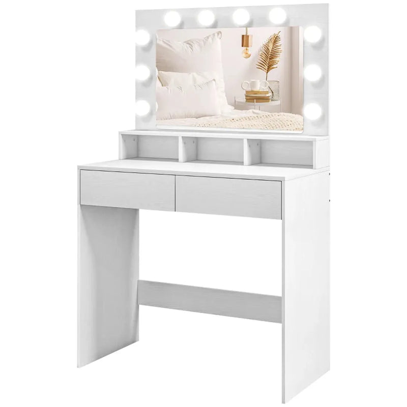 Kaptafel met verlichte spiegel – 3 lichtstanden – 10 lampjes – lades – modern – wit