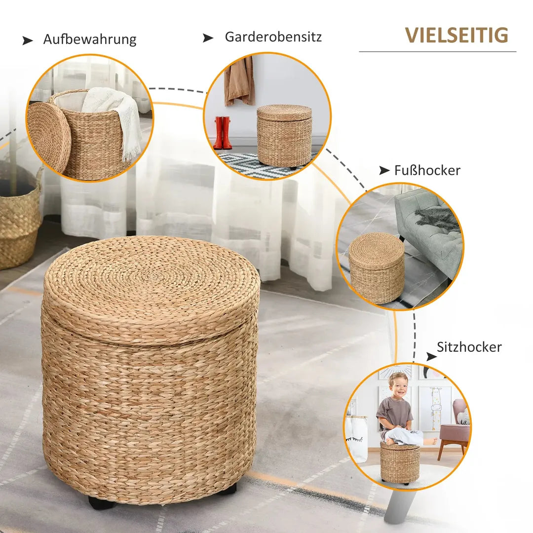 Poef – Moderne Voetenbank – Donkergrijs met Bruin – Stoffen Bekleding en Houten Poten
