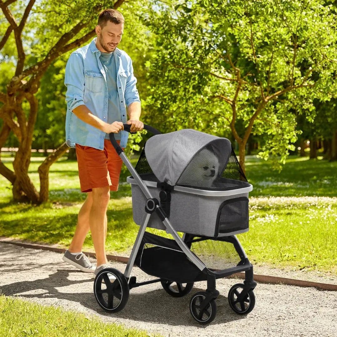 Dierenwagen voor hond en kat – inklapbare buggy met 3 wielen – oxford stof – grijs/zwart – 109,5 x 57,5 x 106,5 cm