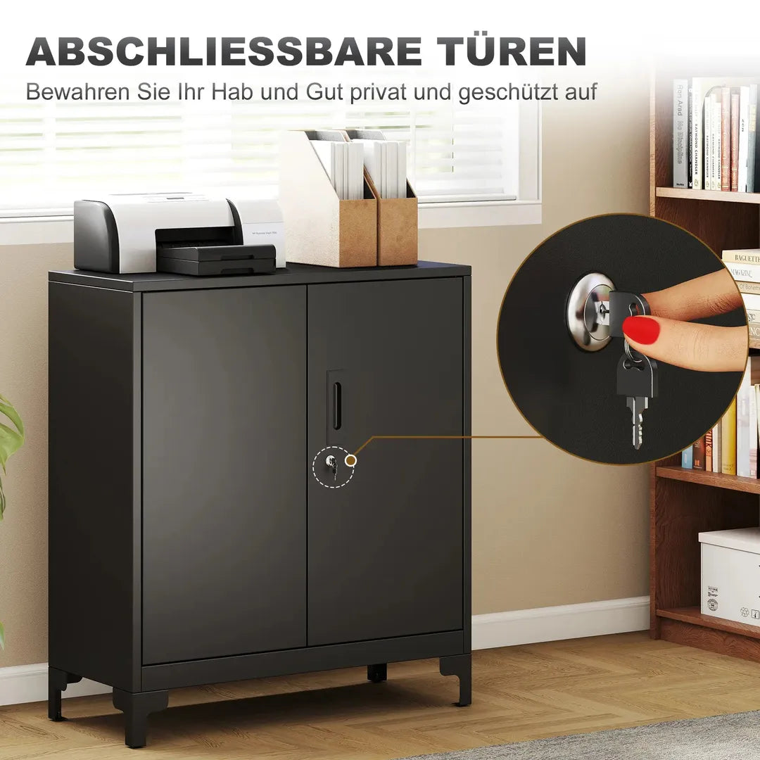 Metalen bureaokast met afsluitbare deuren – 2-laags opbergkast met slot en kantelbeveiliging, zwart