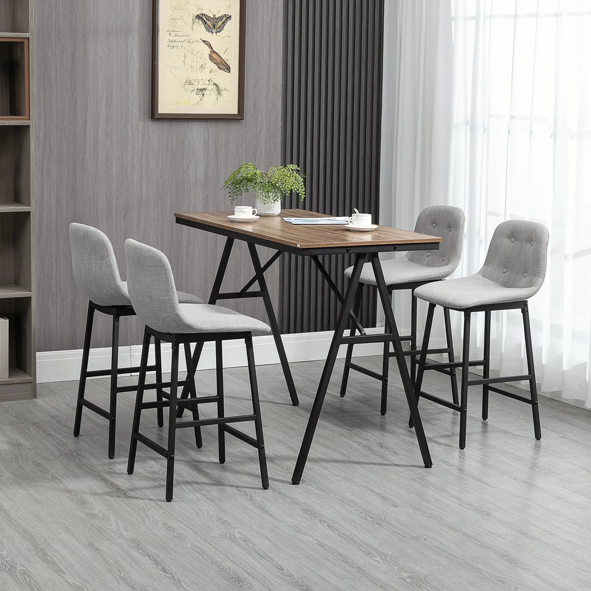 Barkrukset met Tafel – Industrieel Design, 2 Barkrukken met Stiksels, Lichtgrijs, 120 x 60 x 91 cm