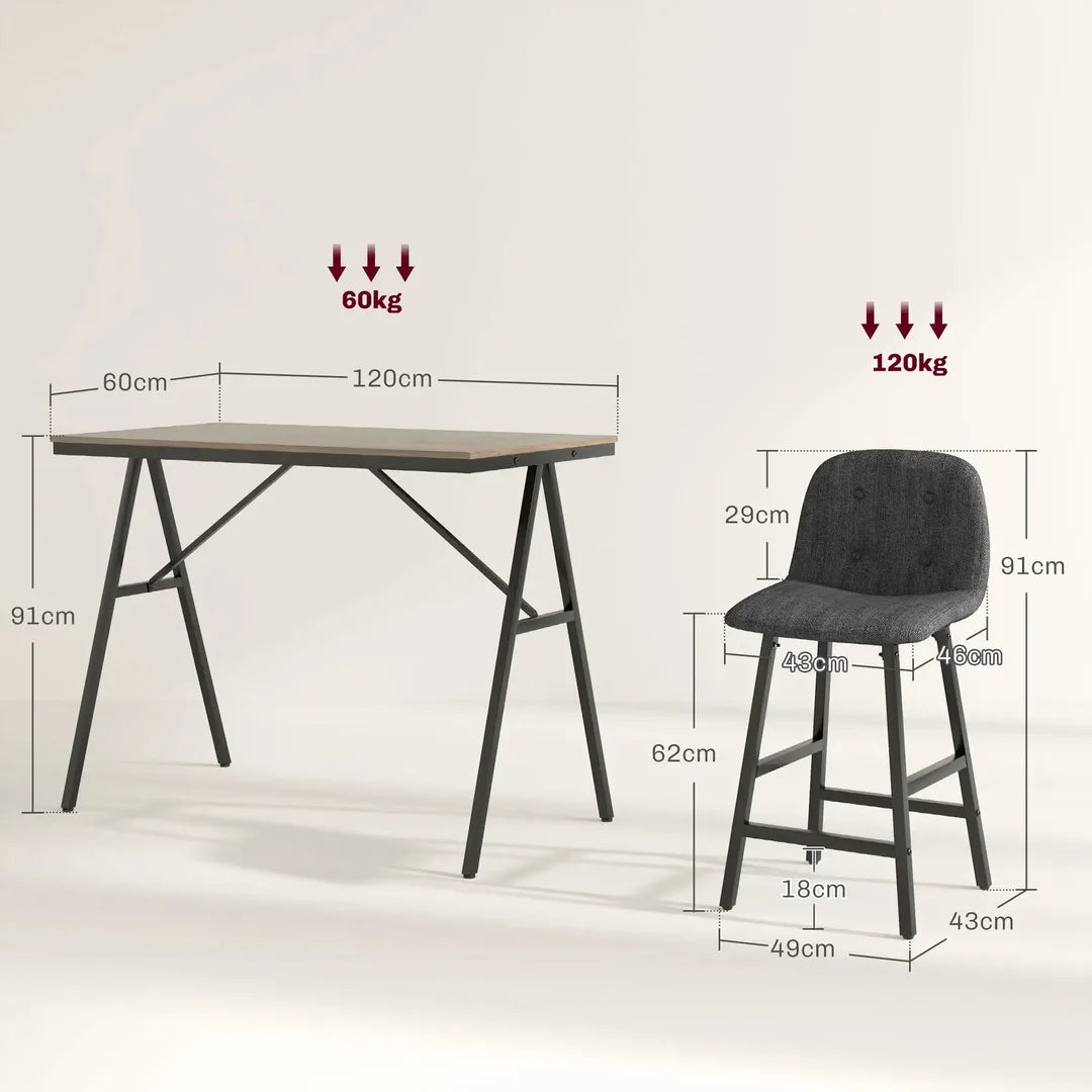 Barkrukset met Tafel – Industrieel Design, 2 Barkrukken met Stiksels, Lichtgrijs, 120 x 60 x 91 cm