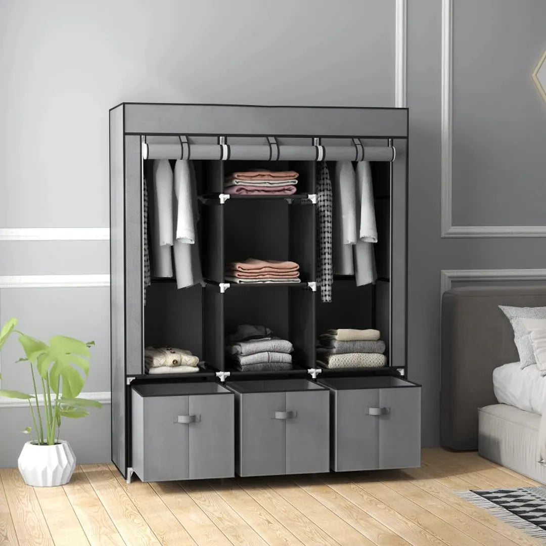 Kledingkast van stof met lades – Opvouwbaar opbergkast met 3 schuiflades – Zwart – 125x43x162,5 cm