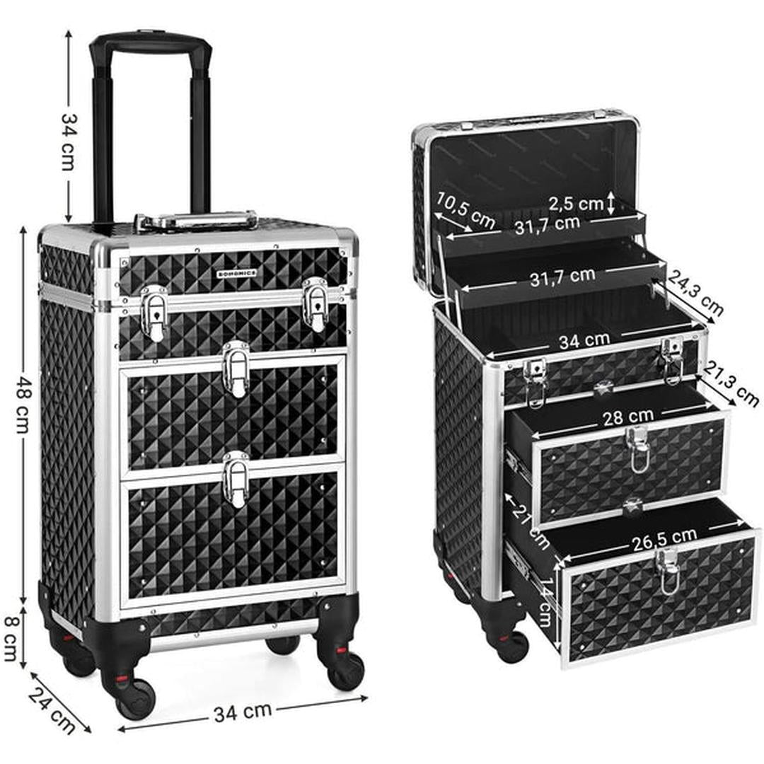 Cosmetica Koffer op Wielen – Make-up Trolley met Lades, Verdelers en Afsluitbaar Design in Zwart