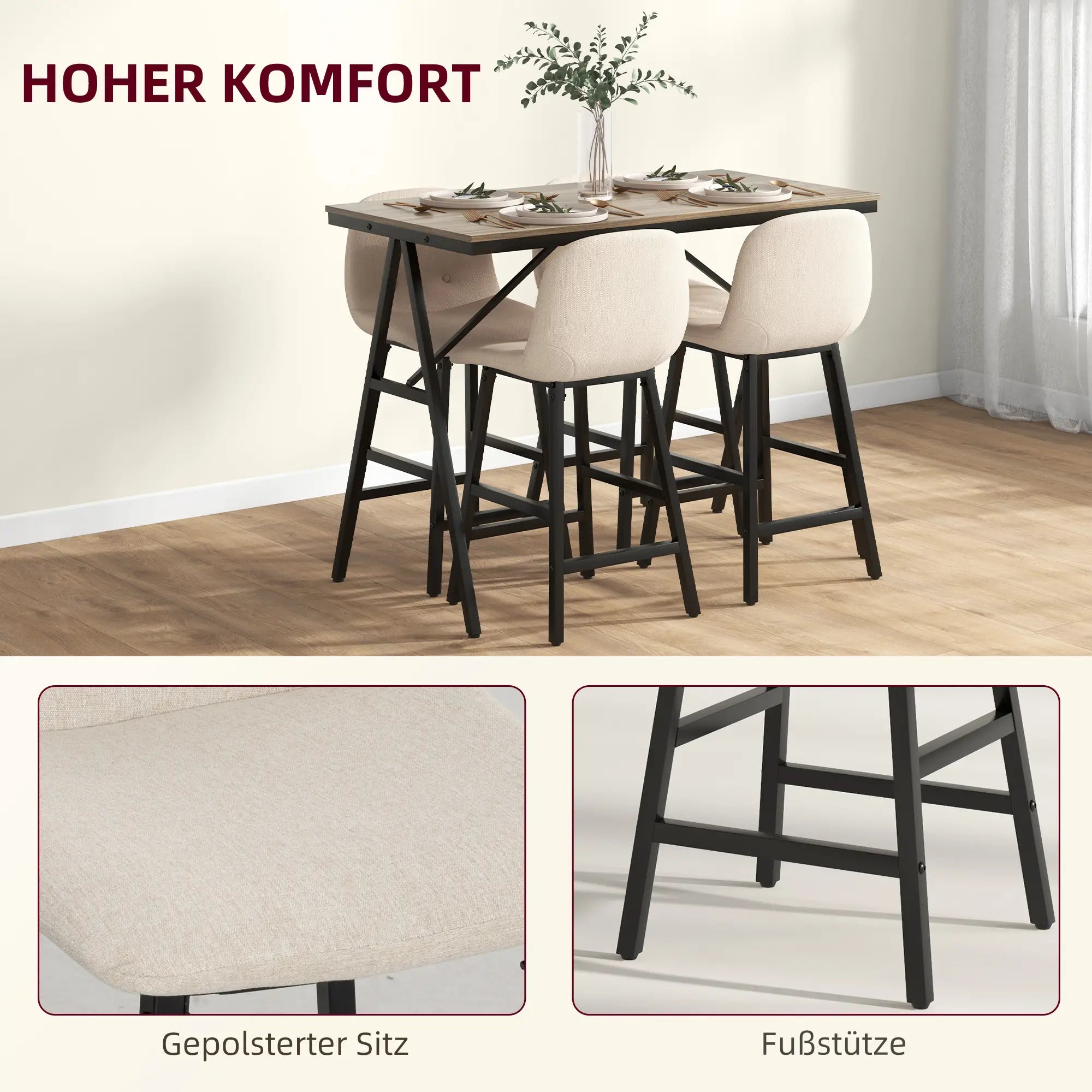 Barkrukset met Tafel – Industrieel Design, 2 Barkrukken met Stiksels, Lichtgrijs, 120 x 60 x 91 cm