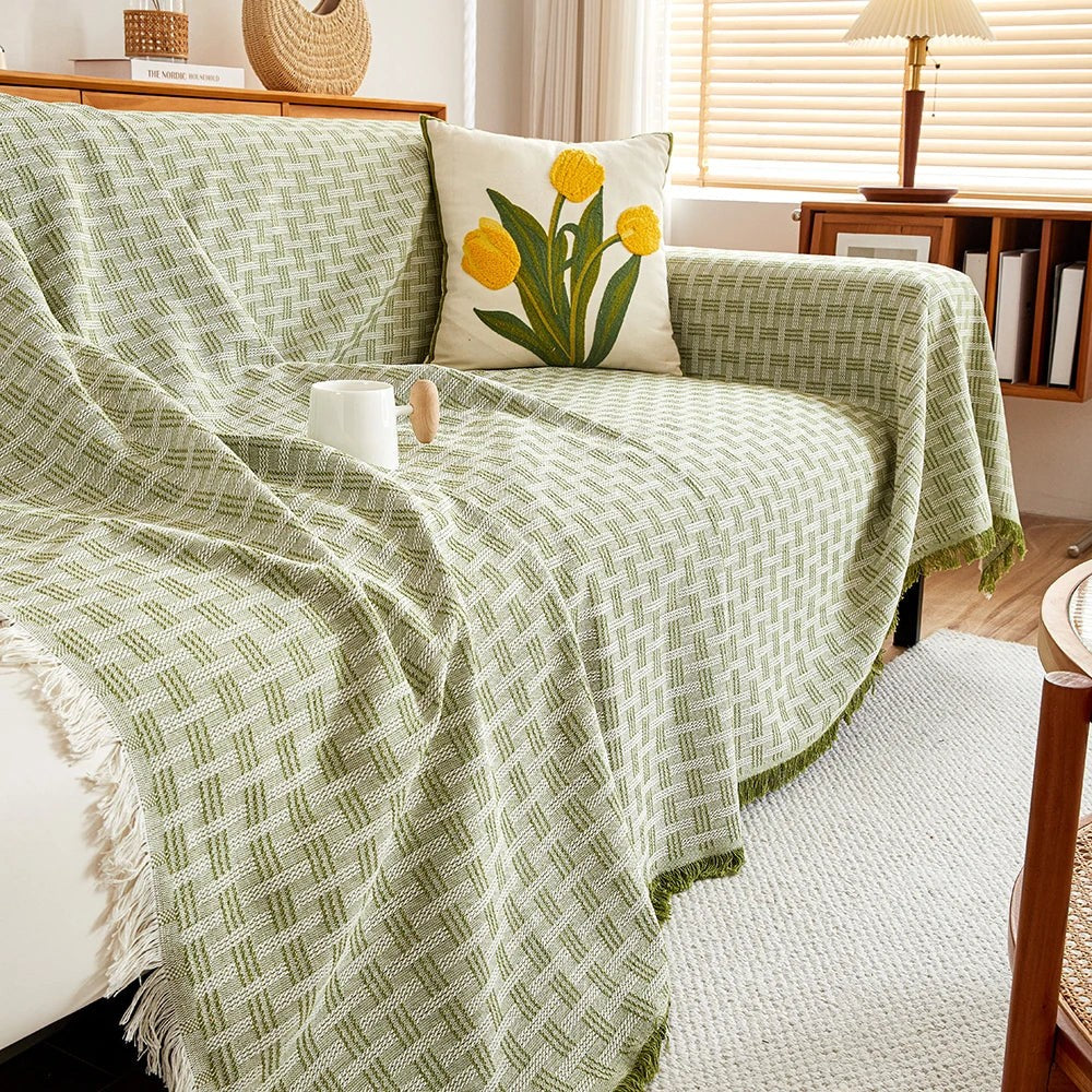 Aurelis bankhoes in groen van polyester – in een woonkamer