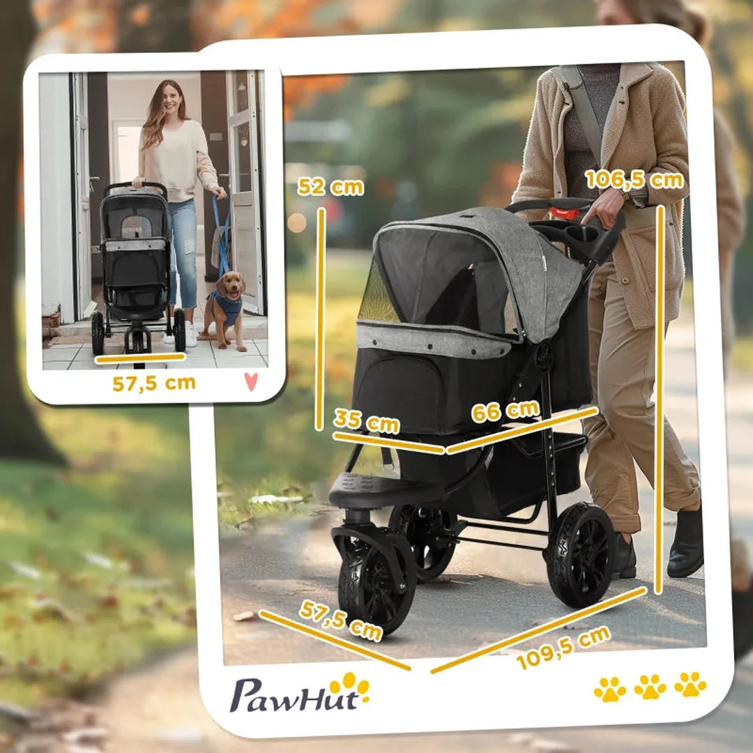 Dierenwagen voor hond en kat – inklapbare buggy met 3 wielen – oxford stof – grijs/zwart – 109,5 x 57,5 x 106,5 cm