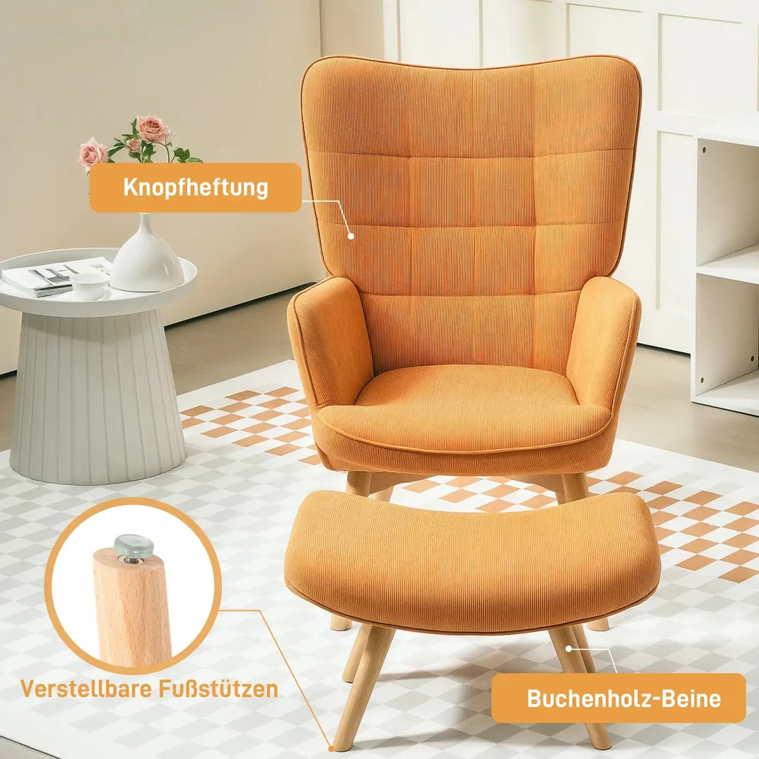 Fauteuil met Hocker – Relaxstoel in Cordstof met Armleuningen en Houten Poten, Grijs, voor Woonkamer