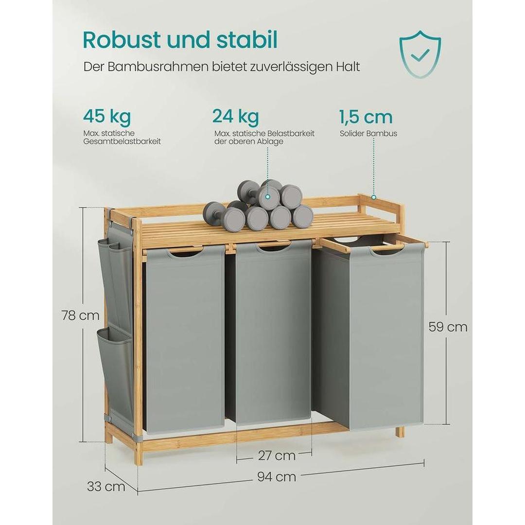 Bamboe wasmand met 3 vakken – 150 liter – opvouwbaar – was sorteerbak met deksel en handgrepen