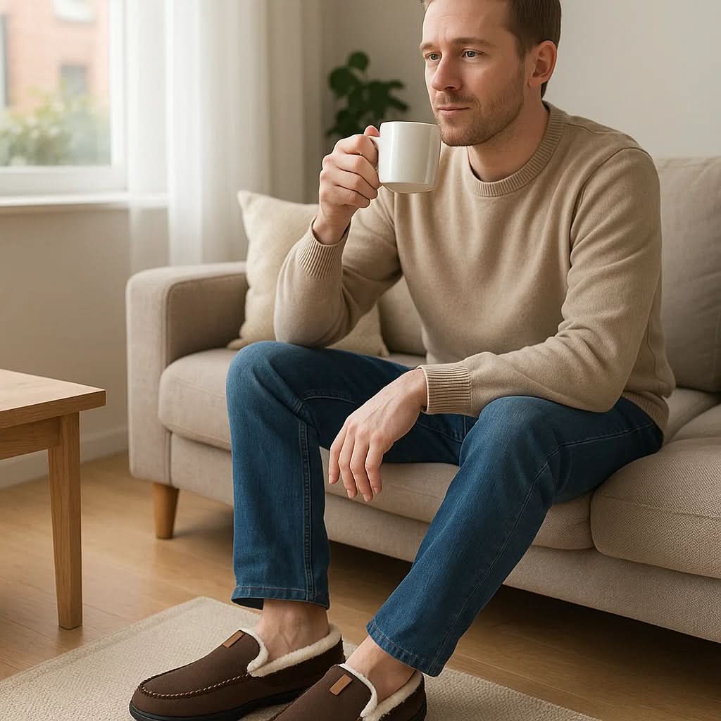Bervik schoen in grijs van synthetic wol, soft and heat-retaining – in een woonkamer