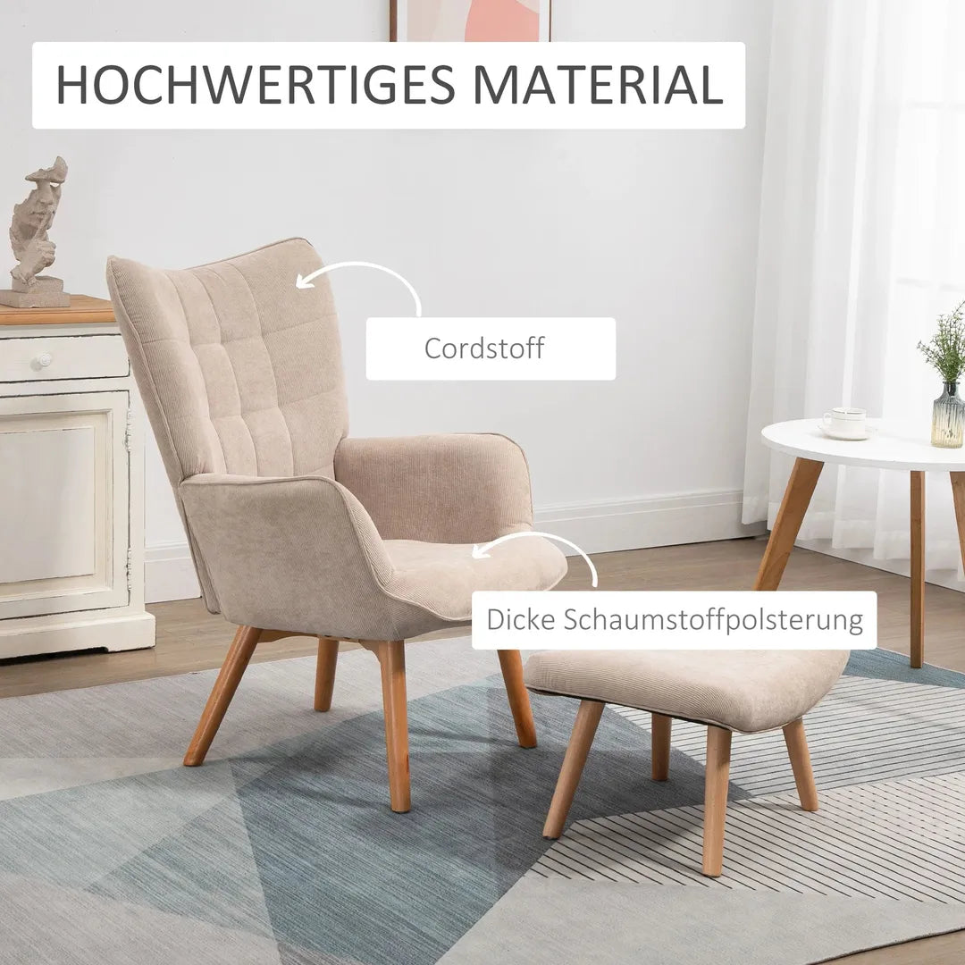 Fauteuil met Hocker – Relaxstoel in Cordstof met Armleuningen en Houten Poten, Grijs, voor Woonkamer
