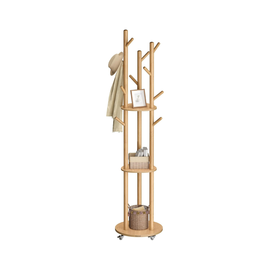 Staande kapstok met massief houten planken en haken – met wieltjes, Ø 40 × 175 cm
