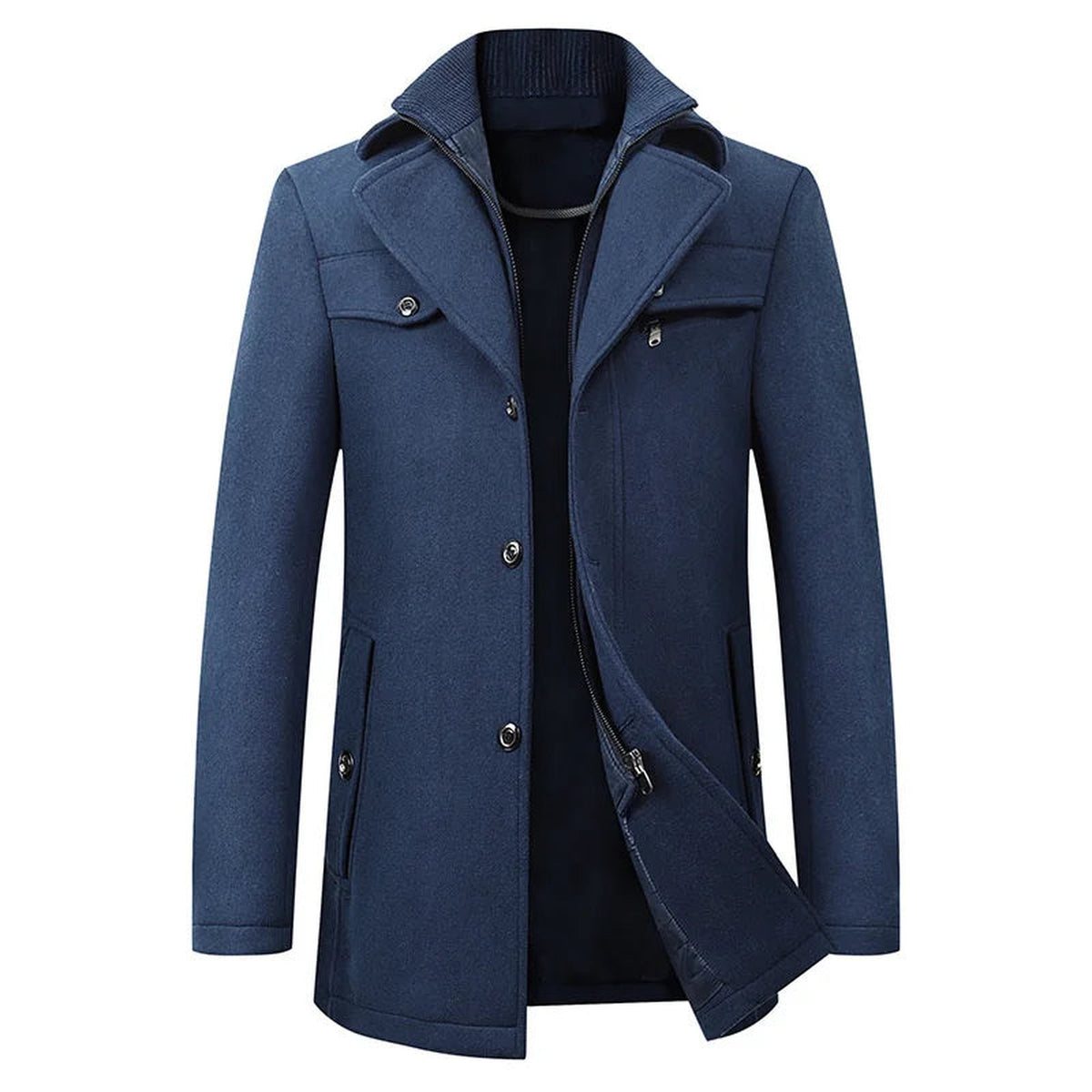 businessjas in marineblauw – detailfoto van de afwerking