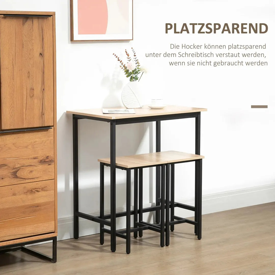 Barset – 3-delig met 1 Bartafel en 2 Krukken van Metaal en Hout, Zwart/Naturel