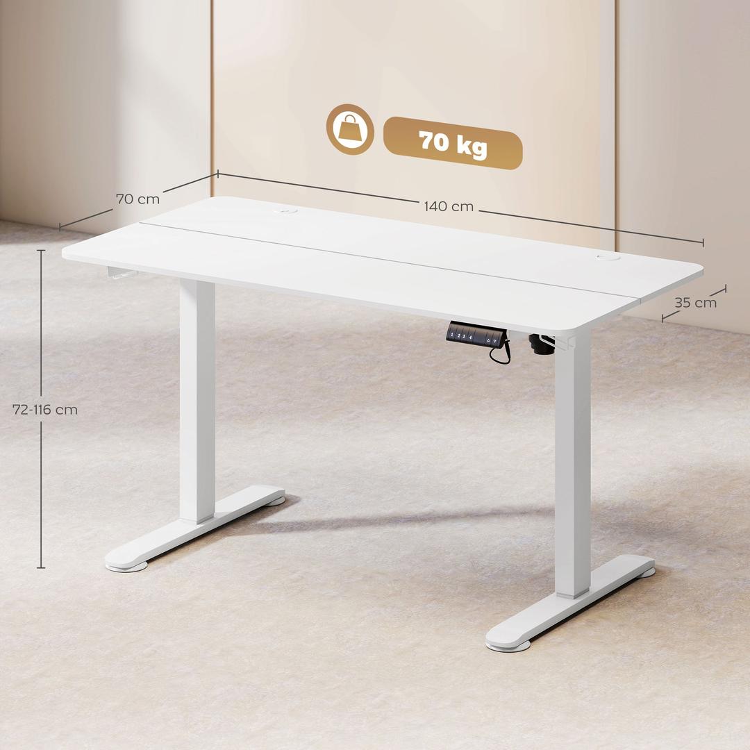 In hoogte verstelbaar sta-bureau – elektrisch computertafel met geheugenfunctie, 140 × 70 × 72–116 cm, wit