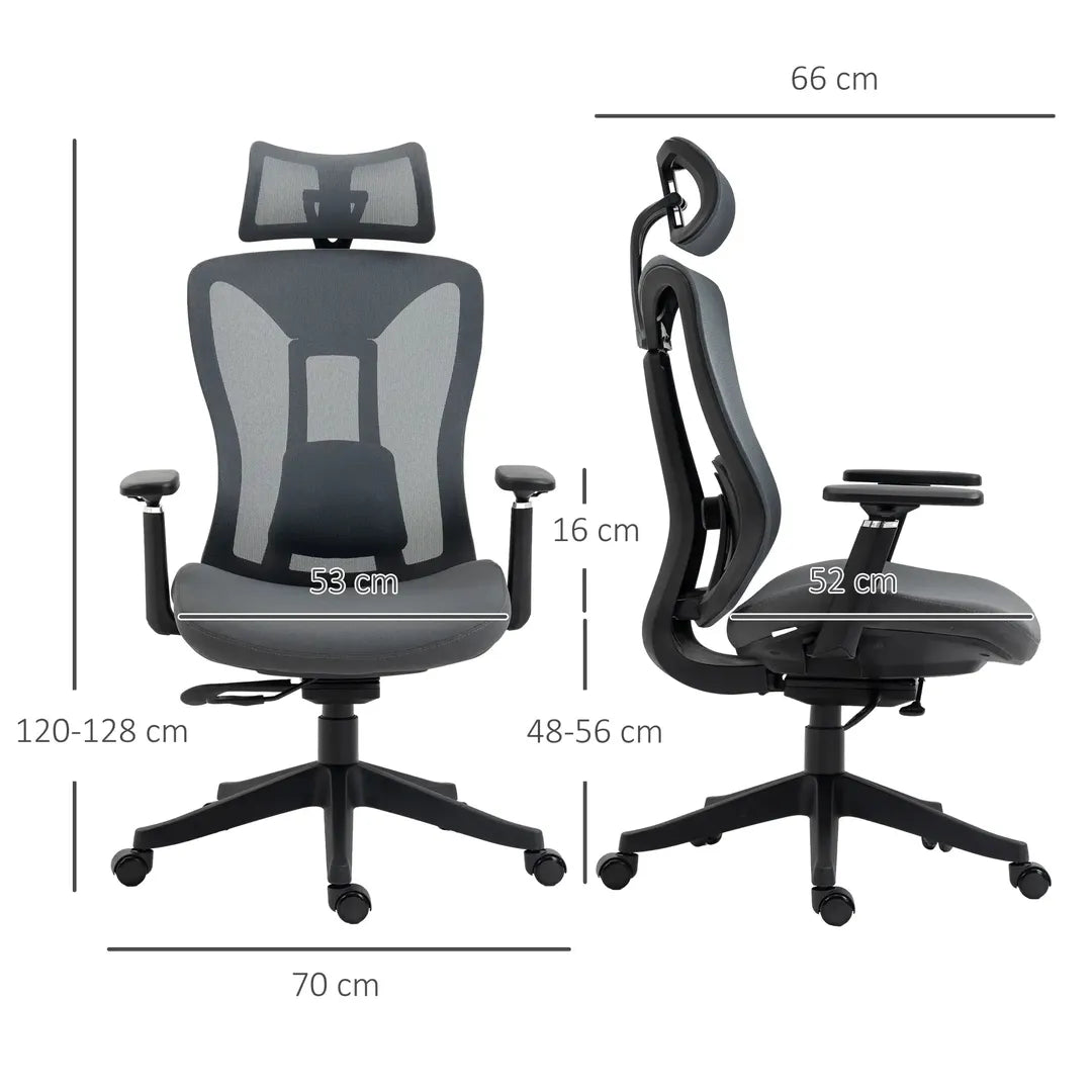 Bureaustoel met 135° kantelfunctie – in hoogte verstelbaar, ergonomische rug- en hoofdsteun, grijs