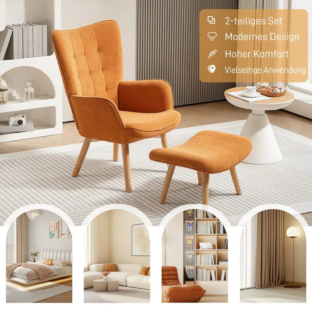 Fauteuil met Hocker – Relaxstoel in Cordstof met Armleuningen en Houten Poten, Grijs, voor Woonkamer