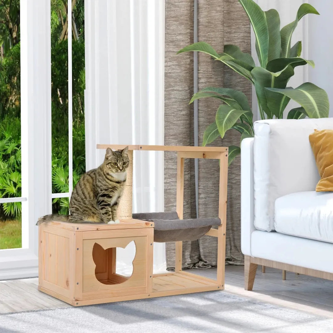 Kattenhuis met hangmat – kattenverblijf met sisal krabpaal – kattenboom van grenenhout – naturel – 70 x 35 x 60 cm