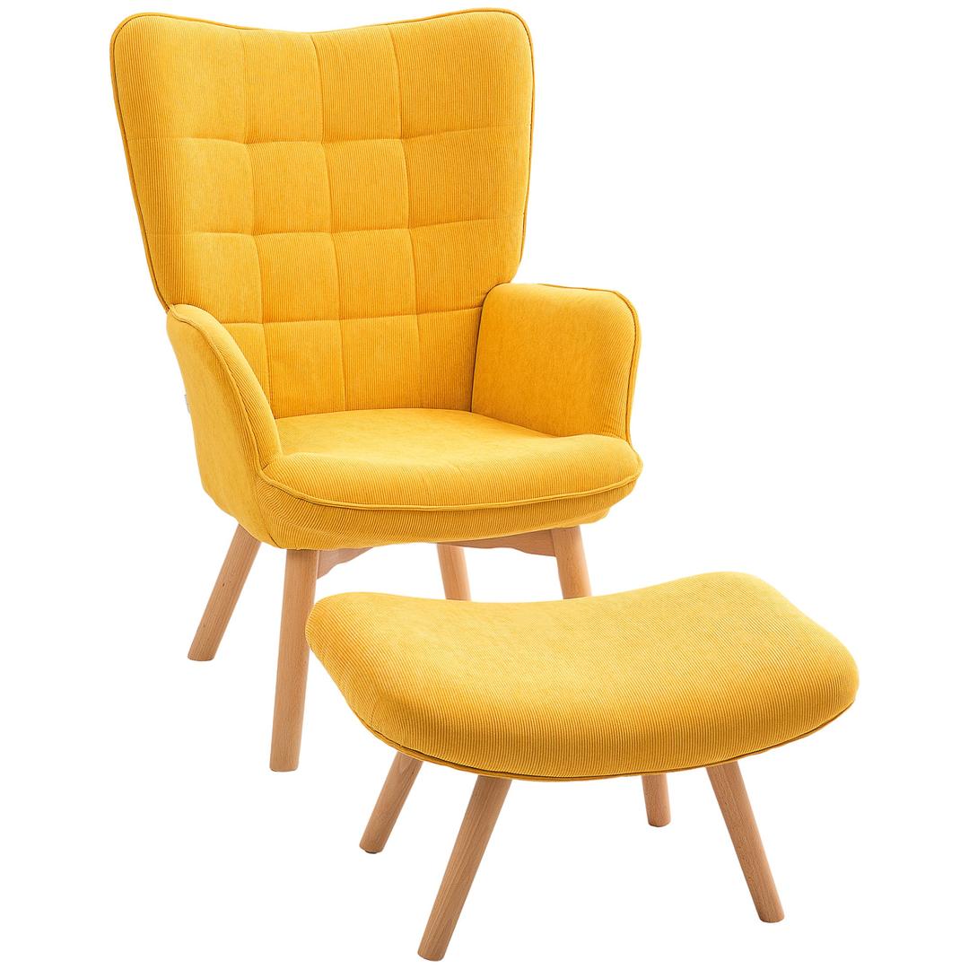 Fauteuil met Hocker – Relaxstoel in Cordstof met Armleuningen en Houten Poten, Grijs, voor Woonkamer
