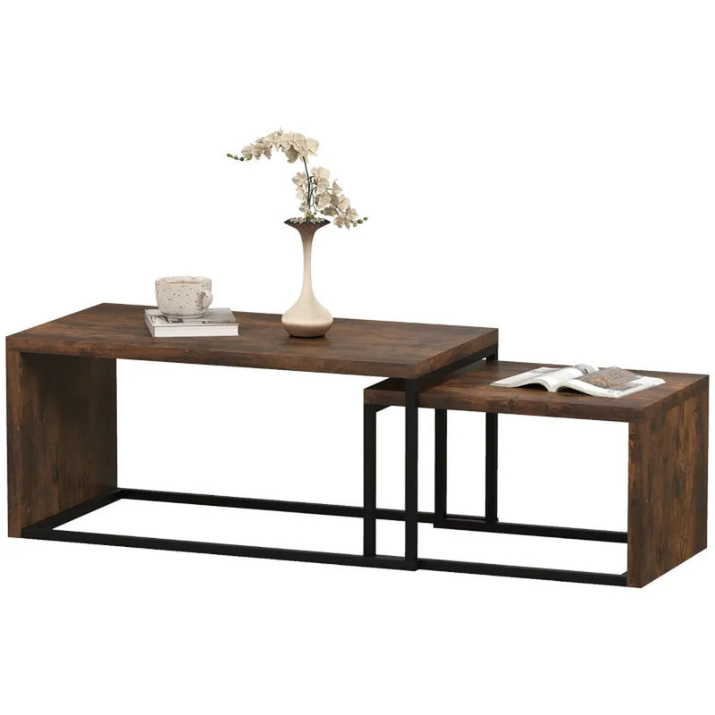 Set van 2 salontafels – Ovaal MDF tafelblad met metalen frame – Zwart en bruin – 90x48x42 cm & 59x42x36 cm