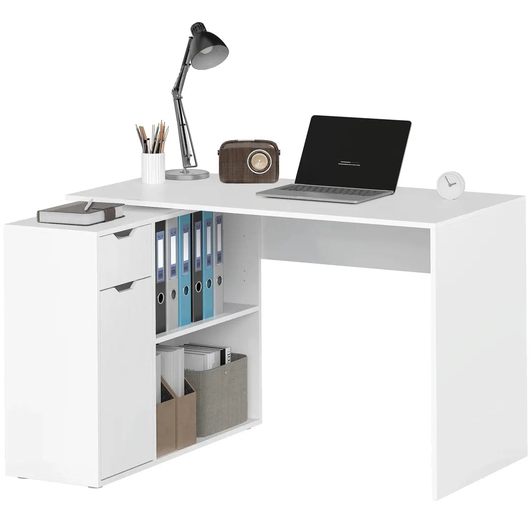 Flexibel bureau met kast en lade – hoekbureau met open vakken, hout, wit