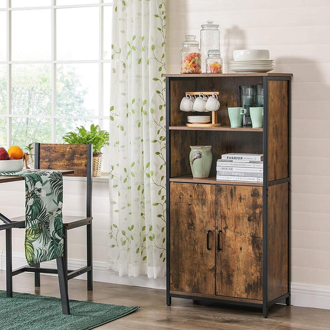 Boekenkast met Open en Gesloten Vakken – Opbergkast in Vintage Bruin/Zwart met Stalen Frame, 60 × 35 × 125 cm