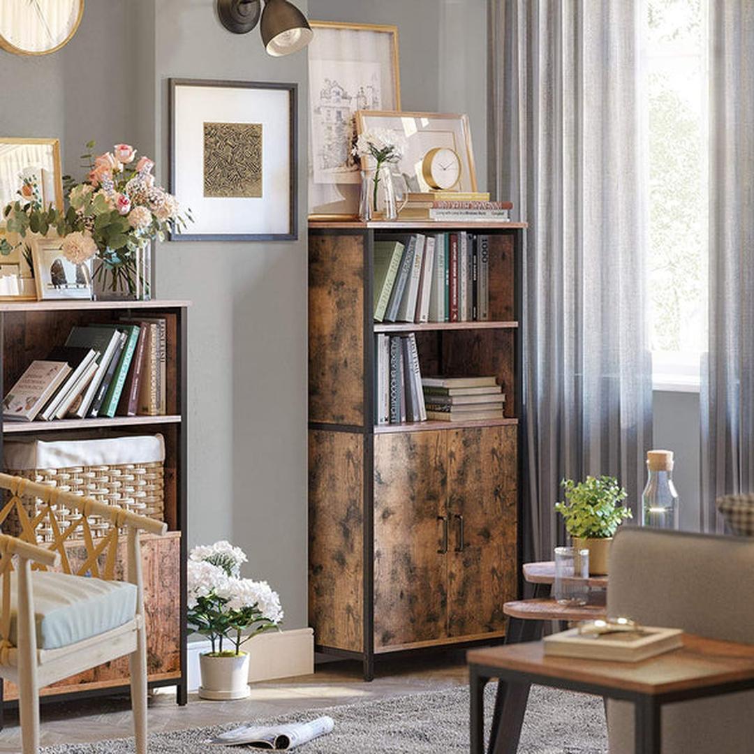 Boekenkast met Open en Gesloten Vakken – Opbergkast in Vintage Bruin/Zwart met Stalen Frame, 60 × 35 × 125 cm