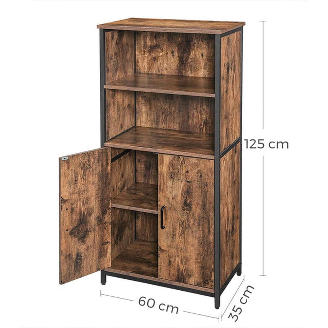 Boekenkast met Open en Gesloten Vakken – Opbergkast in Vintage Bruin/Zwart met Stalen Frame, 60 × 35 × 125 cm