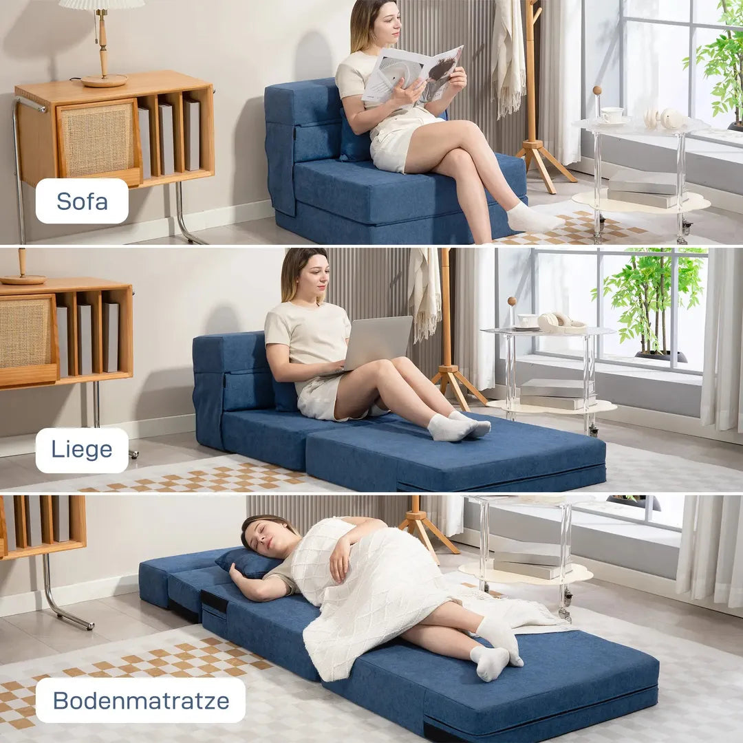 Zitbank voor op de vloer – Ombouwbaar tot matras, schuimvulling, kussens, lichtgrijs