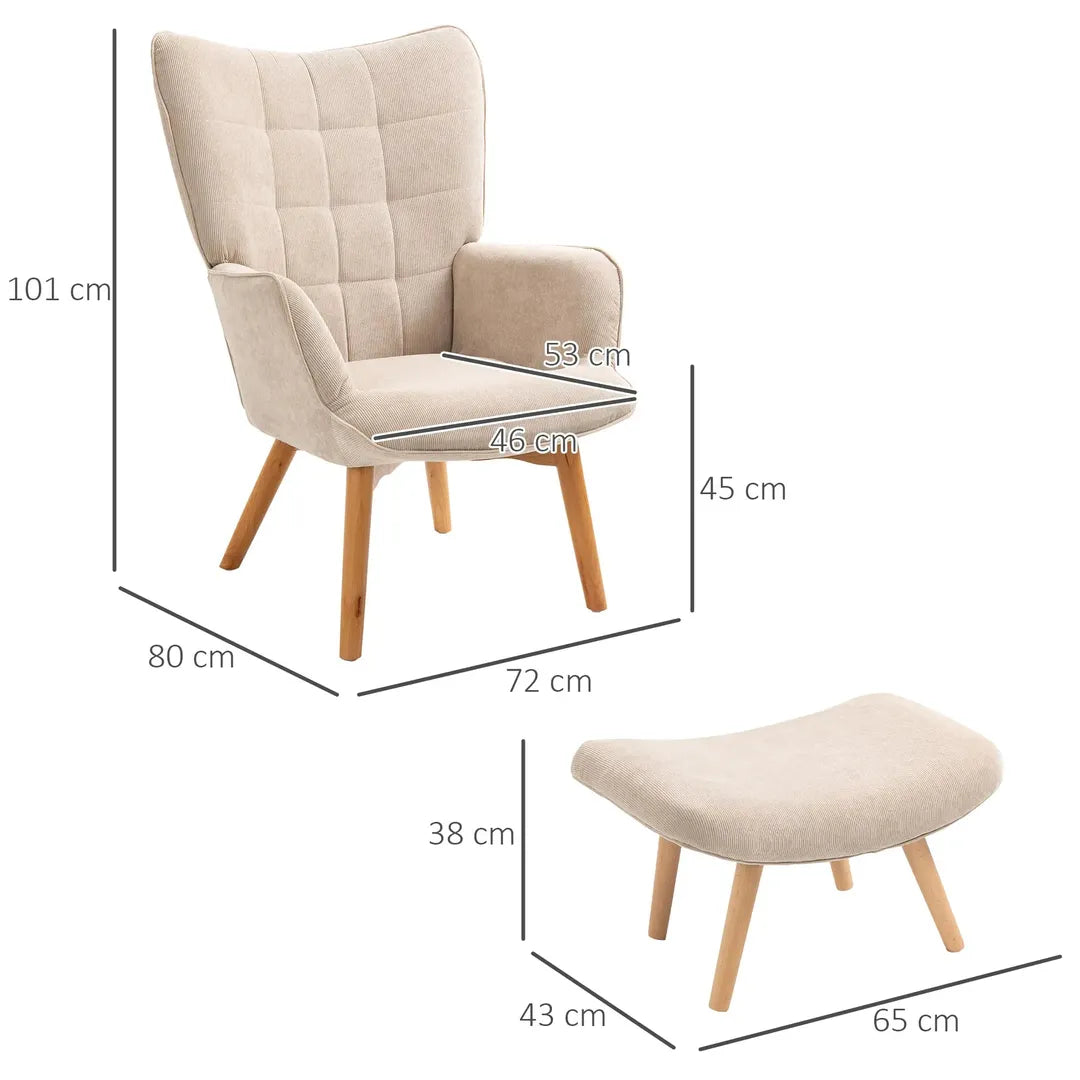 Fauteuil met Hocker – Relaxstoel in Cordstof met Armleuningen en Houten Poten, Grijs, voor Woonkamer