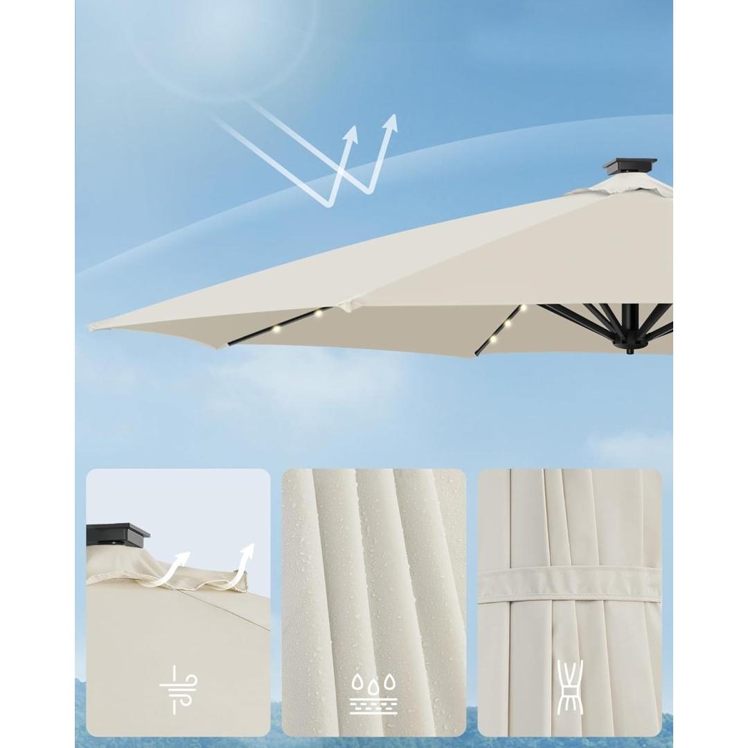Zweefparasol Ø300 cm met LED-verlichting – 360° draaibaar en kantelbaar – UPF 50+ – met slinger en kruisvoet