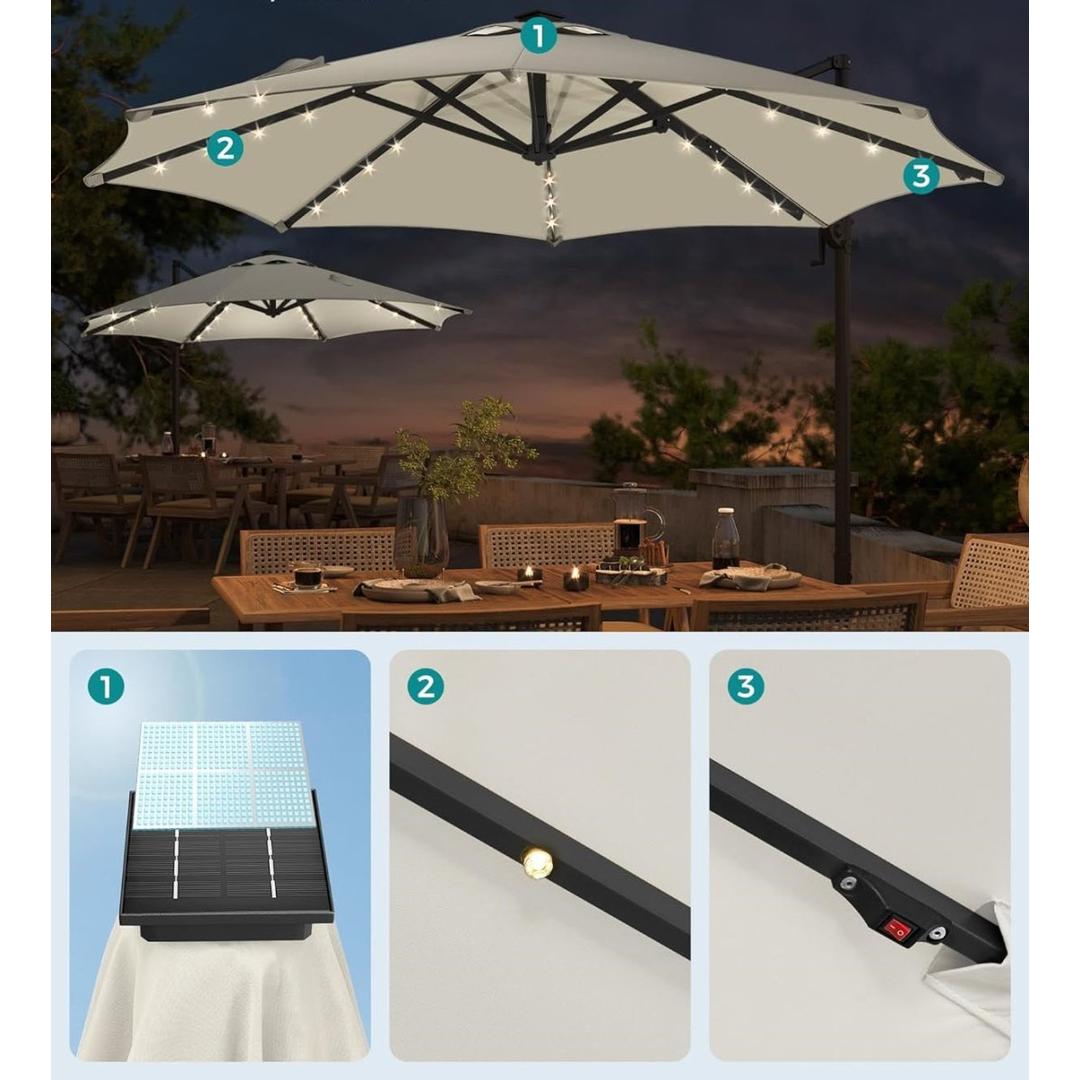 Zweefparasol Ø300 cm met LED-verlichting – 360° draaibaar en kantelbaar – UPF 50+ – met slinger en kruisvoet