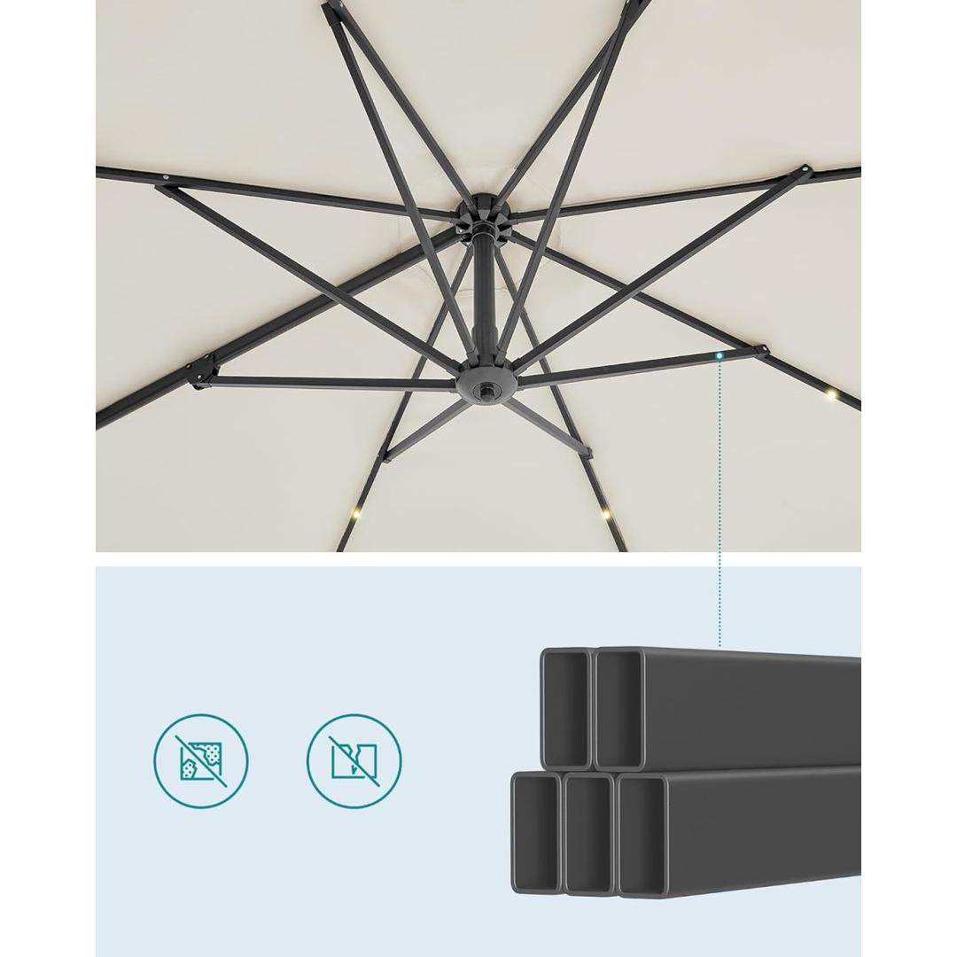 Zweefparasol Ø300 cm met LED-verlichting – 360° draaibaar en kantelbaar – UPF 50+ – met slinger en kruisvoet