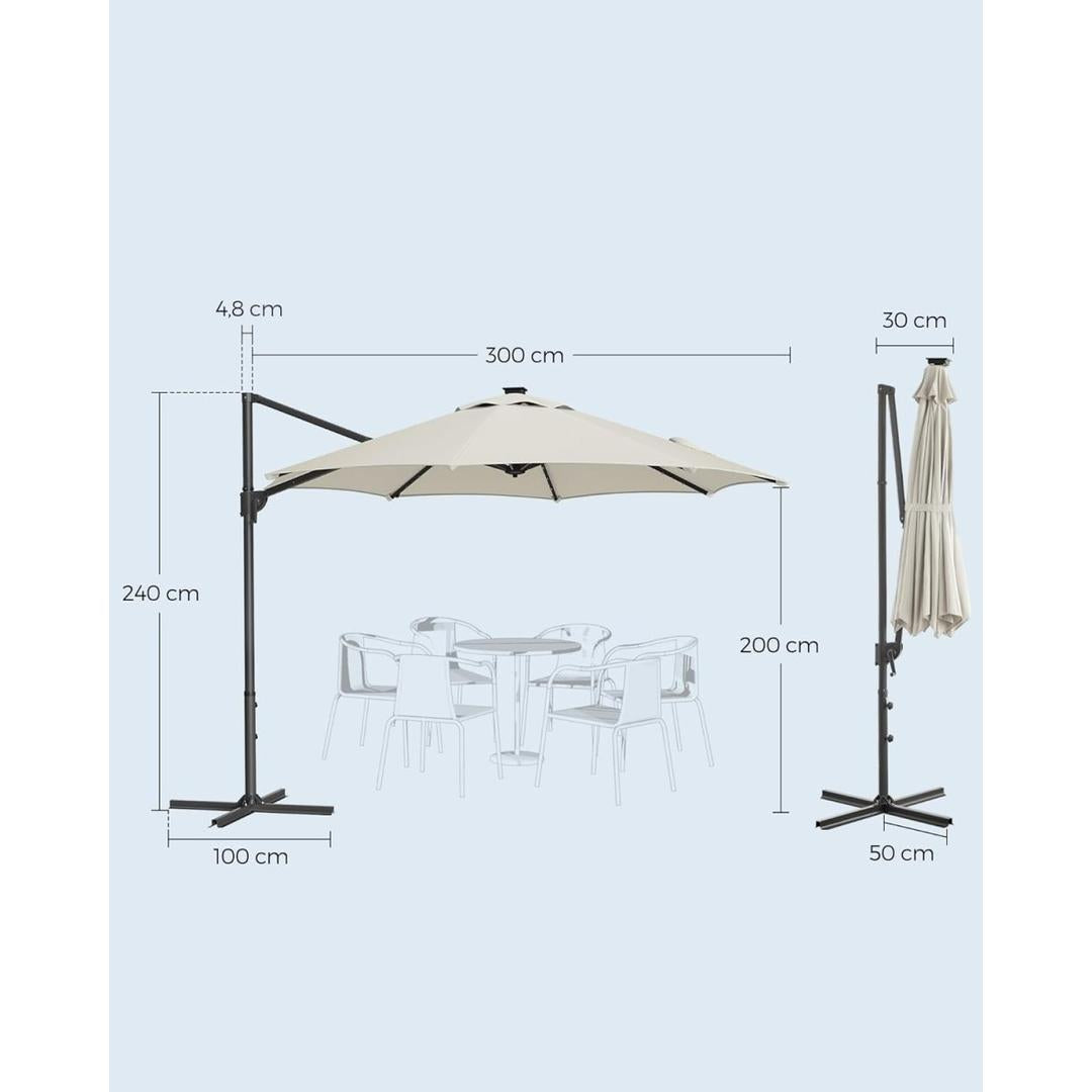 Zweefparasol Ø300 cm met LED-verlichting – 360° draaibaar en kantelbaar – UPF 50+ – met slinger en kruisvoet
