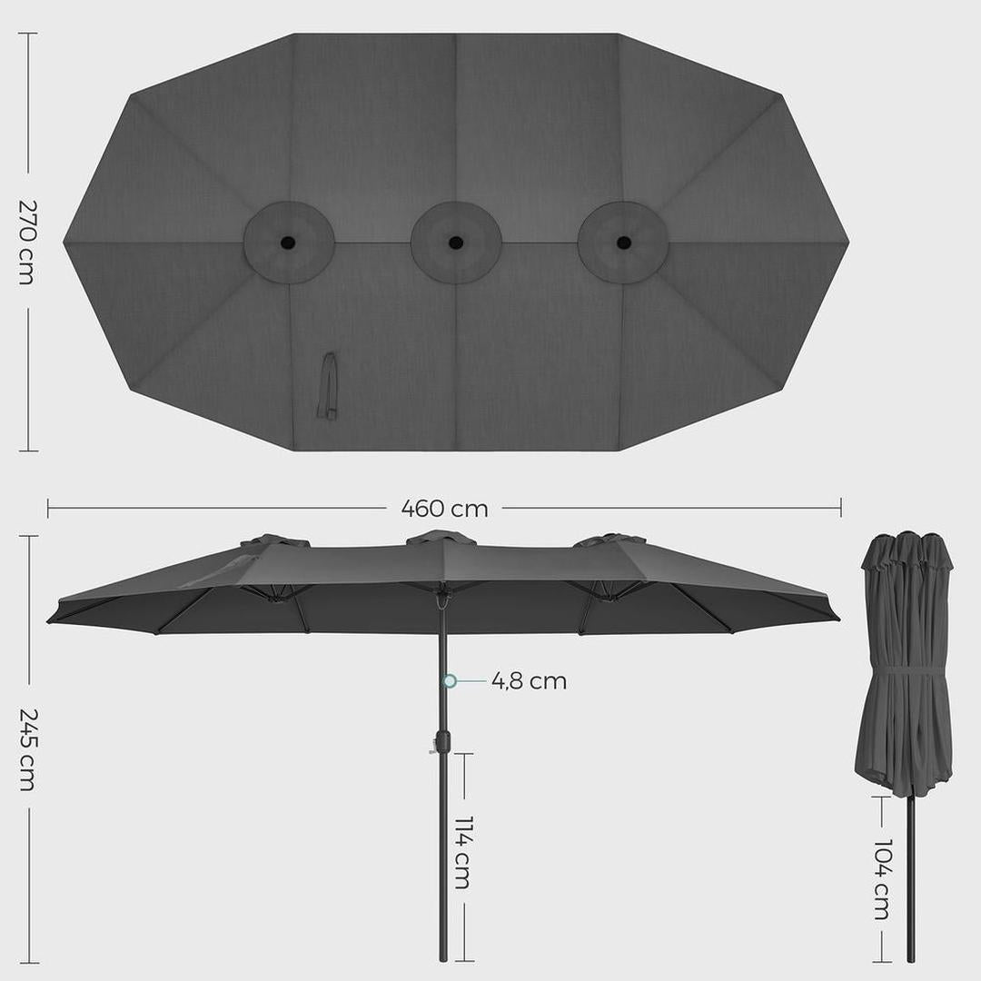 Dubbele parasol 460 x 270 cm – UPF 50+ UV-bescherming – stalen frame Ø48 mm – met slingermechanisme